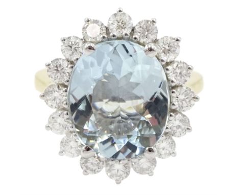 Gold oval aquamarine and round brilliant cut diamond cluster ring, hallmarked 14ct, aquamarine approx 4.98 carat, total diamo