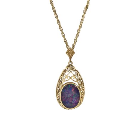 9ct gold opal triplet openwork pendant, Birmingham 1973, on 9ct gold rope link necklace, hallmarkedCondition Report:Approx 12