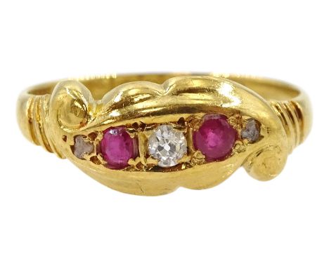 Early 20th century 18ct gold five stone diamond and pink stone set ring, Birmingham 1919Condition Report:Approx 2.5gm, size N