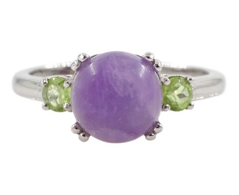 Silver three stone lavender amethyst and peridot ring, stamped 925 Condition Report:Size P, well presented ring in good condi