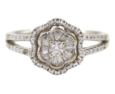 18ct white gold baguette and round brilliant cut diamond flower head cluster ring, with split diamond set shoulders, hallmark