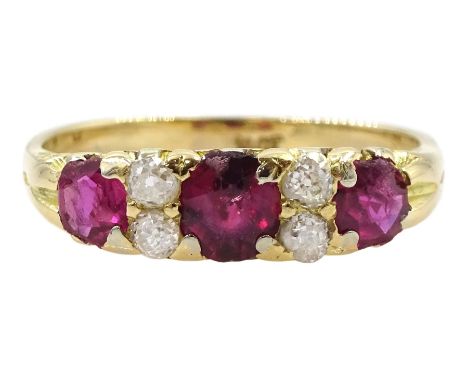 18ct gold ruby and diamond ring, stamped 18ctCondition Report:Approx 3.9gm, size Q, stones very abraded