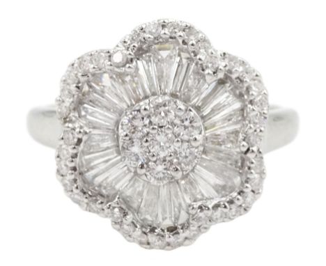 18ct white gold tapered baguette and round brilliant cut diamond flower head cluster ring, hallmarked, total diamond weight a