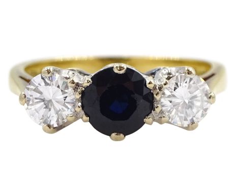 18ct gold three stone sapphire and round brilliant cut diamond ring by Mappin &amp; Webb Ltd, London 1978, total diamond weig