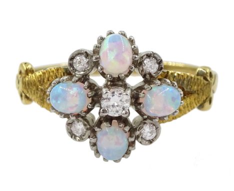 Silver-gilt opal and cubic zirconia flower head cluster ring, with pierced and textured shoulders, stamped SilCondition Repor