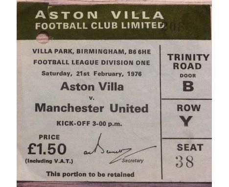 1975-76 ASTON VILLA V MANCHESTER UNITED TICKET
Football league 21st February 1976 with one punched hole&nbsp;