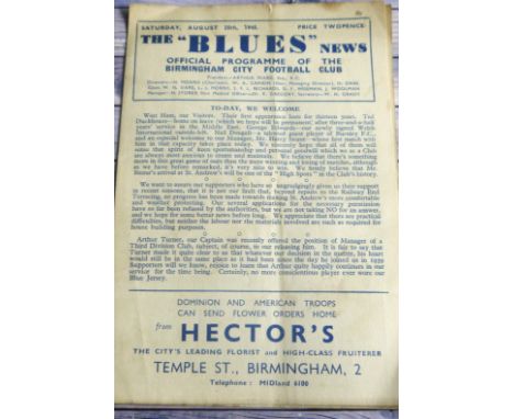 1945-46 BIRMINGHAM CITY V WEST HAM UNITED
25th August 1945 fold, slight marks &amp; team changes
