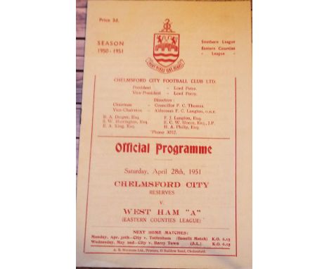 1950-51 CHELMSFORD CITY RESERVES V WEST HAM UNITED 'A' EASTERN COUNTIES LEAGUE
28th April 1951 slight fold