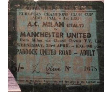 1968-69 AC MILAN V MANCHESTER UNITED CLOSED CIRCUIT TV BACK TO OLD TRAFFORD TICKET
23rd April 1969 tape marks &amp; corner cl