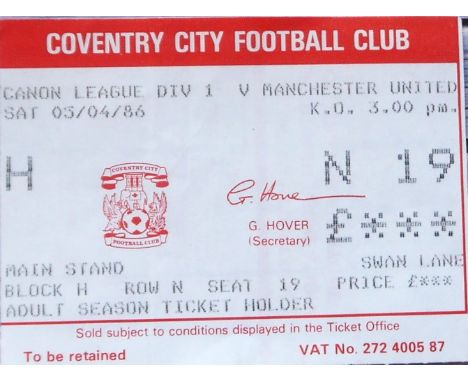 1985-86 COVENTRY CITY V MANCHESTER UNITED TICKET