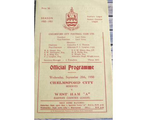 1950-51 CHELMSFORD CITY RESERVES V WEST HAM UNITED 'A'&nbsp;
20th September 1950 Eastern Counties League very good Condition&