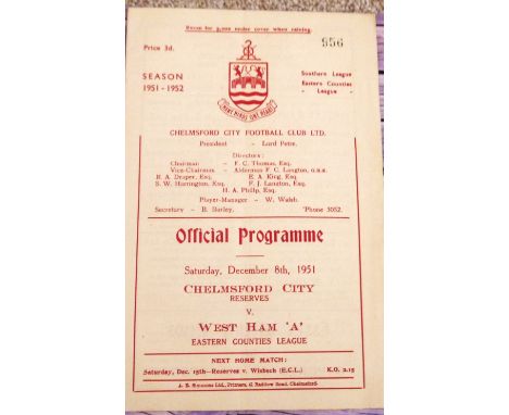 1951-52 CHELMSFORD CITY RESERVES V WEST HAM UNITED 'A' EASTERN COUNTIES LEAGUE
8th December 1951 programme in good condition&
