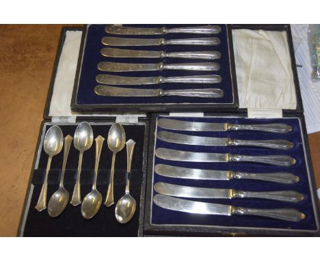 A selection of cased silver flatwareTo include a cased set of teaspoons, and two sets of silver handled knives. 