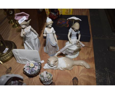 A collection of Lladro figuresTo include a lady in gown, a lady with an umbrella, a lady with a puppy, two Lladro ceramic bas