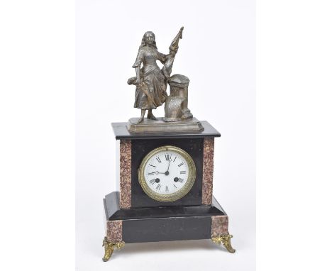 A late 19th Century black slate and rouge marble eight day mantel clockThe architectural casing inset with variegated rouge m