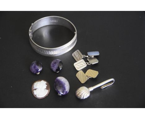 A selection of jewelleryTo include a suite of blue John jewellery, together with a silver hinged bangle, silver cufflinks and