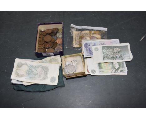 Queen Victoria silver double Florrin dated 1887Further British silver coinage, bank notes comprising four £5 cashier G S Ffor