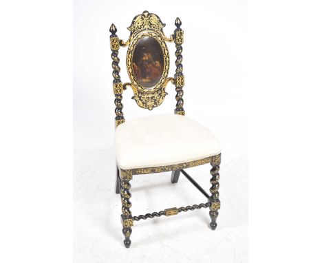An early Victorian ebonised and painted Papier Mache bedroom chair by Jennens & BettridgeThe delicate chair with barley twist