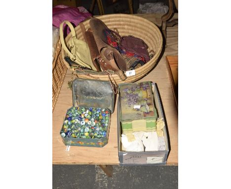 A collection of vintage fashion itemsTo include one leather satchel, a faux crocodile skin satchel bag and matching purse, va