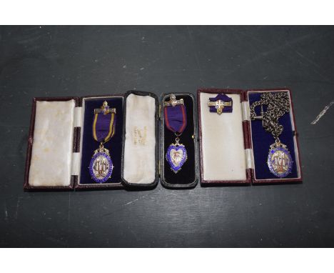 Three hallmarked silver and enamel Order of the Odd Fellows Medals c.1920'sAwarded to Edwin Cook of the Aylesbury District, c