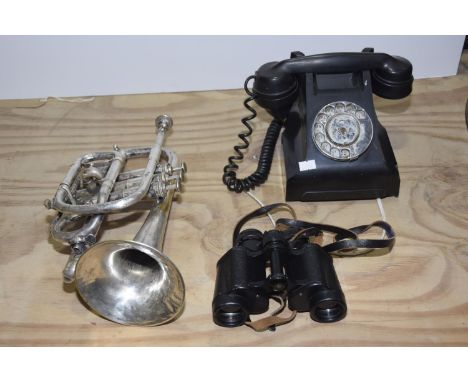 A group of three collectable itemsTo include a bakelite telephone - mid 20th Century together with a pair of Russian binocula