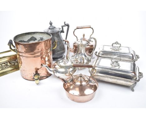 A mixed collection of 19th/20th Century metal waresTo include a copper twin handled coal bucket, two copper kettles, two silv