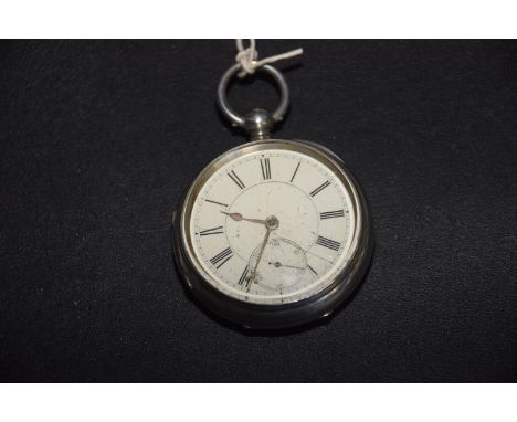 A late Victorian silver pocket watchThe circular white enamel dial with Roman numeral hour markers and subsidiary seconds dia