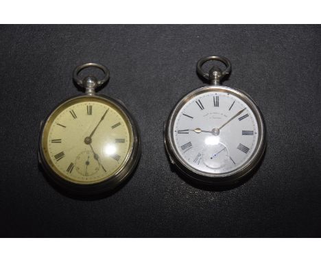 Two silver pocket watchesEach with a white enamel dial and Roman numeral hour markers, one signed Thos. Russell & Son, Liverp