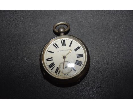 An early 20th Century silver pocket watchThe circular white enamel dial with Roman numeral hour markers and subsidiary second