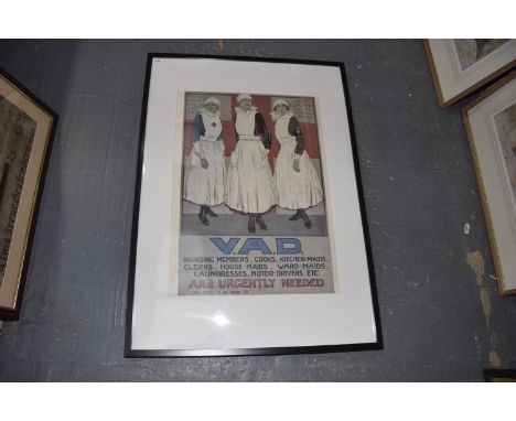 A framed print of World War I nursesThe VAD (Voluntary Aid Detachment) advertising poster depicting three nurses before Red C