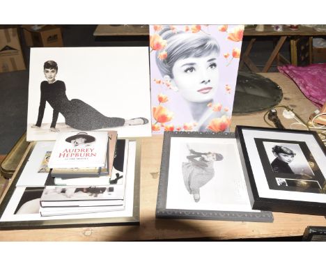 A group of Audrey Hepburn collectible itemsTo include a black and white canvas print (40.5cm x 51cm), a print of a signed fac
