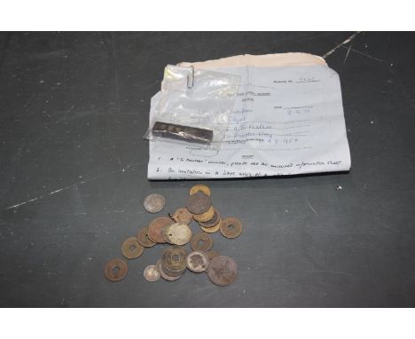 A silver two reales c.1720Further silver Boliviar coin dated 1830, Chinese coins, copper Pessa from Zanibar, Chinese ink bloc