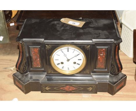 A Victorian slate and rouge marble architectural mantle clockThe substantial case inset with rouge marble panels enclosing th