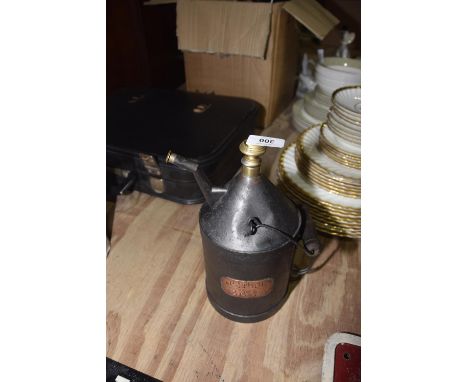 A two pint vintage petrol canThe can of typical form (height 26cm) with brass plaque inscribed 'Petrol 2 pints' 