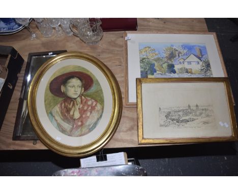 A mixed group of paintingsTo include an oval watercolour portrait of a Lady, a ink drawing of an estate in Farnley and a wate