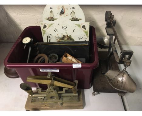 A selection of various tools including weighing scales, weights, clock face, cog, machine parts, etc. IMPORTANT: Online viewi