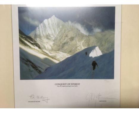GARY BLYTHE. Framed, signed in pencil by Sir Edmund Hillary and Gary Blythe, limited edition 717/950 print, ‘Conquest of Ever