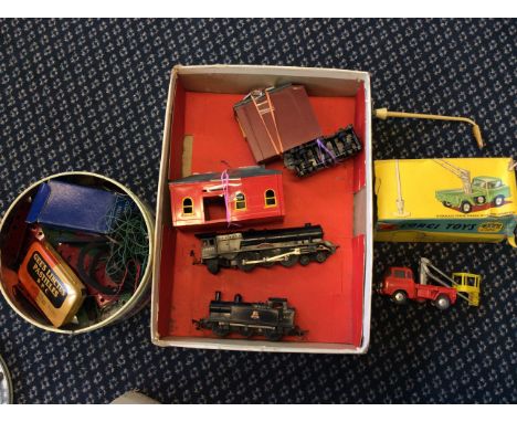 Three boxes of various model vehicles including Corgi Hydraulic Tower Lamp Standard, Meccano and other rolling stock. Online 