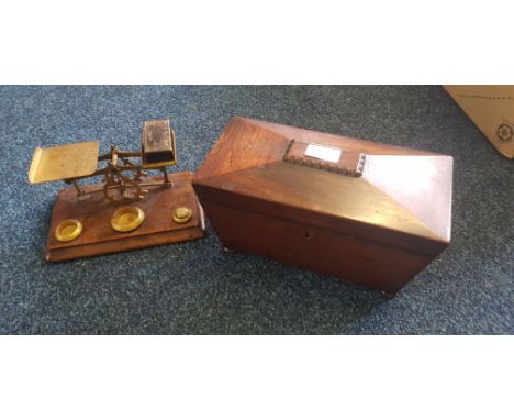 A rosewood tea caddy with a set of scales and a horn snuff box. IMPORTANT: Online viewing and bidding only. No in person coll