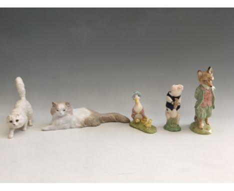 Nao cat with Royal Doulton white cat, Beswick Jemima Puddle Duck, Andrew (AF) and Royal Albert Foxy Whiskered Gentleman. IMPO