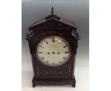 A Thos Hunt Tottenham Court Road mahogany cased double fusee movement bracket clock with brass detail and finials to top, app