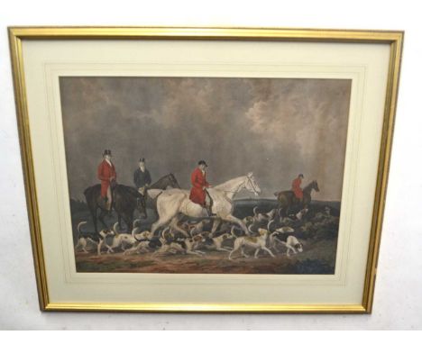 A large 19th century fox hunting print of for gentlemen mounted on horseback with hounds in the foreground