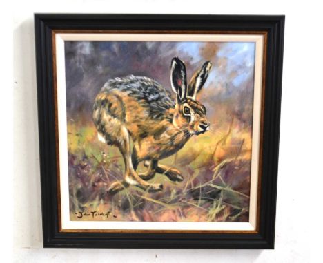 John Trickett (British, b.1952), A hare in motion, limited edtion coloured print on canvas (Sally Mitchell Fine Arts, 2018), 