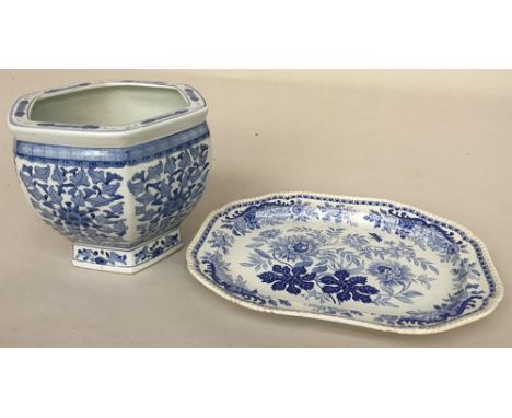 A large blue and white meat plate, together with a blue and white Japanese ceramic planter 