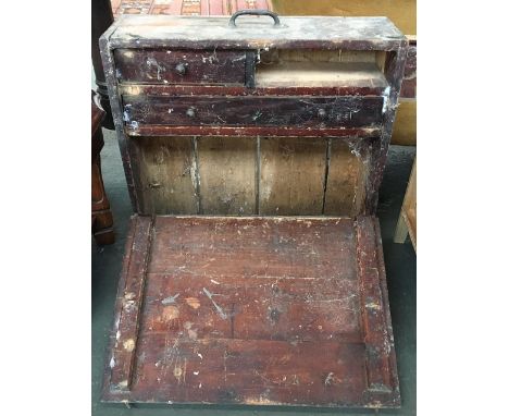 A vintage pine box with fitted interior, two small drawers over one long, with carry handle, 59x20x59cmH 
