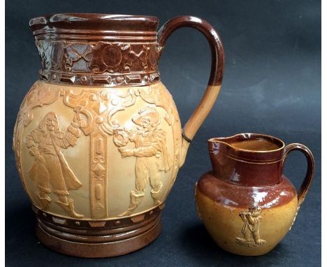 A large Doulton Lambeth jug embossed with cavalier drinking scene, together with a small Doulton Lambeth jug embossed with ca