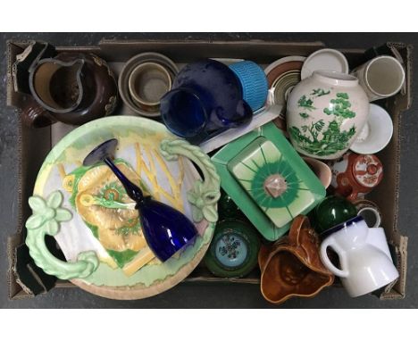 A mixed lot of ceramics and glassware, to include Carltonware, cabbageware, Denby, a blue glass jug and goblet, and other ite