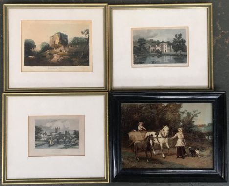 Three 19th century coloured engravings, Goodrich Castle; Hampton Court; Hereford, framed and glazed, together with a coloured