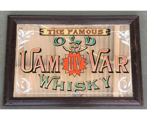 A rare pair of vintage framed advertising mirrors for The Famous Old Uam Var Whisky, 48x76cm each 