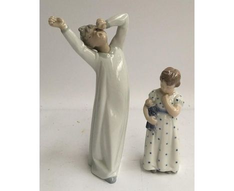 A Royal Copenhagen porcelain girl with doll and a Vintage Lladro Nao boy stretching and yawning (2) 